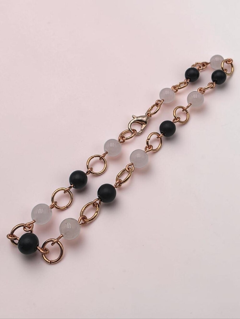 Rose Quartz Beaded Chain Anklet with Black Beads Handmade Boho Jewelry